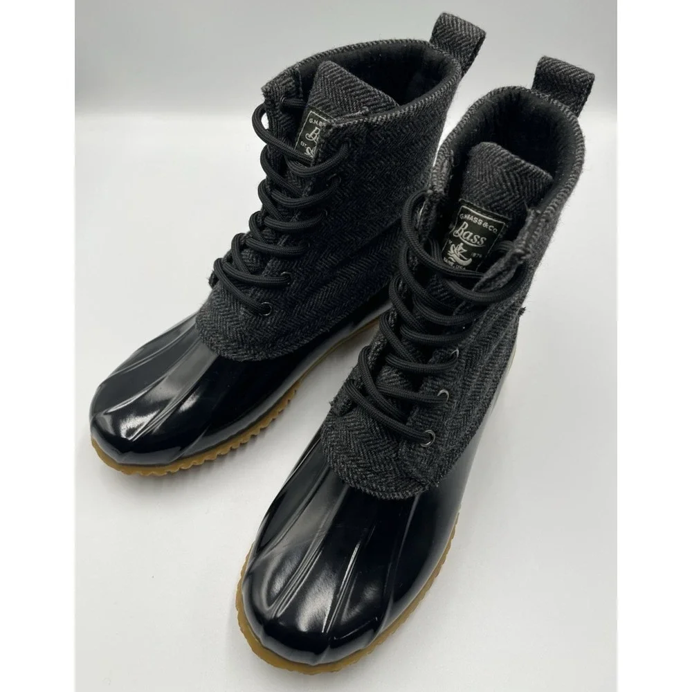 G.H. Bass Duck Boots Womens 8 Black Grey‎ Herringbone Waterproof Lace Up